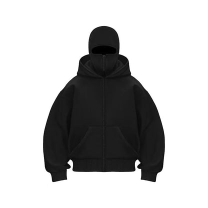 Unisex Double Hooded Fleece Sweatshirt Woman Balaclava Hoodie Half Zip Warm Outfit for Fall Winter Men Clothing Masked Outfit