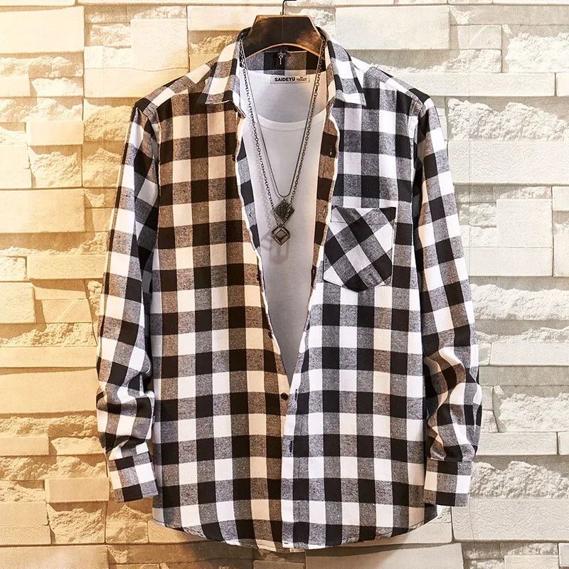 2025 Casual Men Plaid Spring Autumn Flannel Men Dress Shirts Fashion Long Sleeve Slim Fit Chemise Homme Cotton Male Shirt