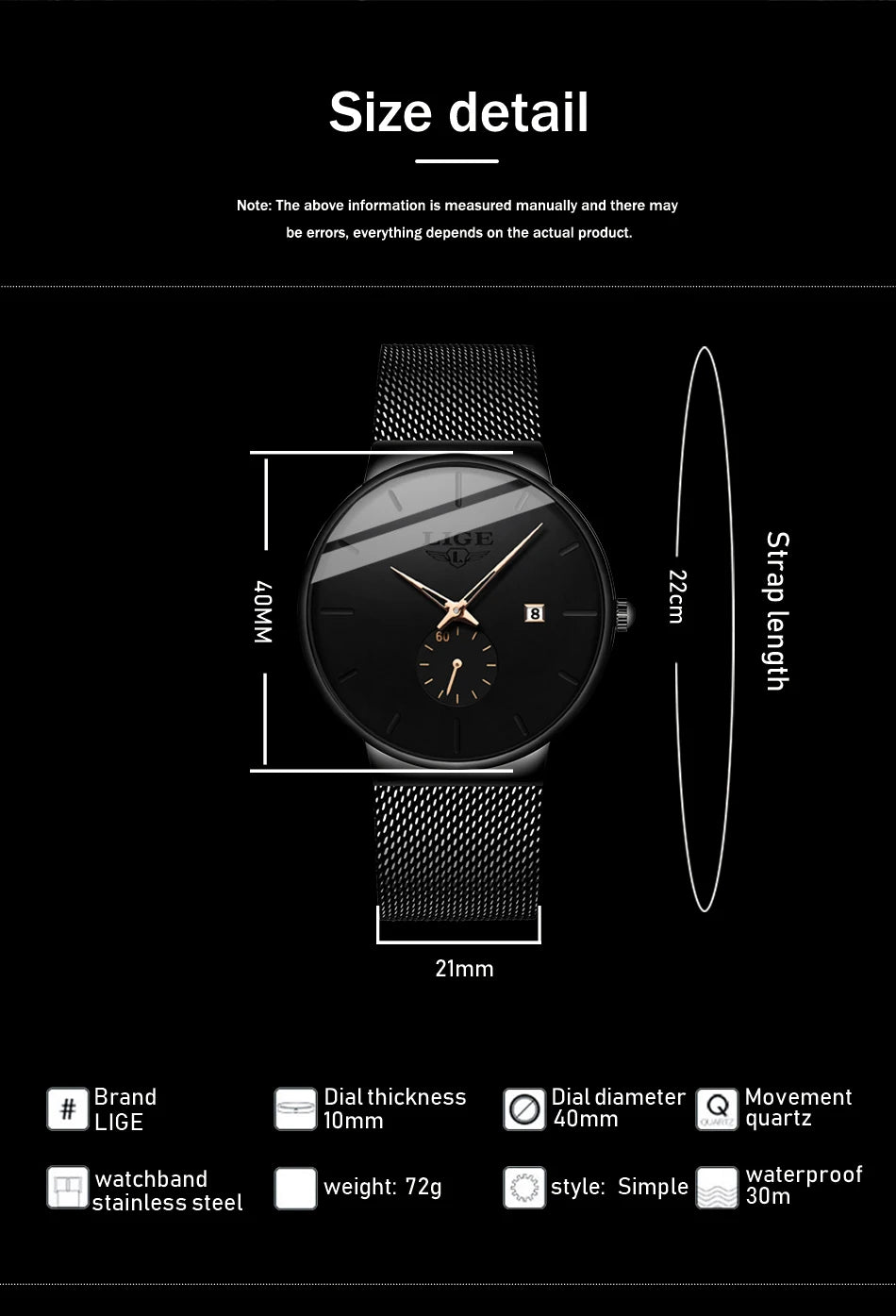 LIGE Fashion Mens Watches Top Brand Luxury Quartz Watch Men Casual Slim Mesh Steel Waterproof Sport Watch Relogio Masculino