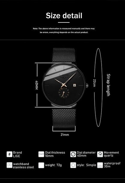 LIGE Fashion Mens Watches Top Brand Luxury Quartz Watch Men Casual Slim Mesh Steel Waterproof Sport Watch Relogio Masculino