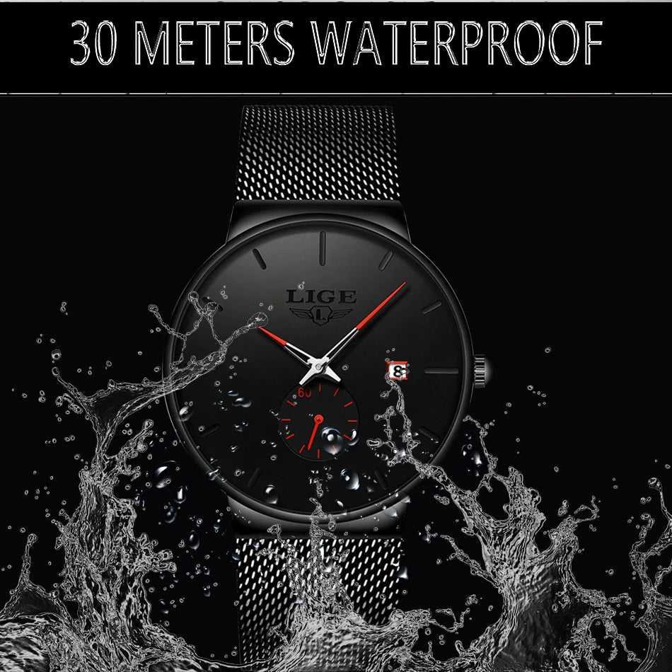 LIGE Fashion Mens Watches Top Brand Luxury Quartz Watch Men Casual Slim Mesh Steel Waterproof Sport Watch Relogio Masculino