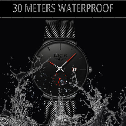 LIGE Fashion Mens Watches Top Brand Luxury Quartz Watch Men Casual Slim Mesh Steel Waterproof Sport Watch Relogio Masculino