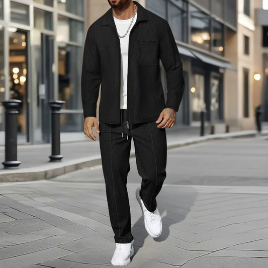 Men's Fall Waffle Solid Zipper Patch Patch Pocket Lapel Slim Cardigan Men's Jacket Set