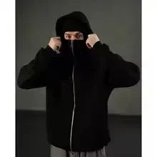 Unisex Double Hooded Fleece Sweatshirt Woman Balaclava Hoodie Half Zip Warm Outfit for Fall Winter Men Clothing Masked Outfit