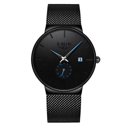 LIGE Fashion Mens Watches Top Brand Luxury Quartz Watch Men Casual Slim Mesh Steel Waterproof Sport Watch Relogio Masculino