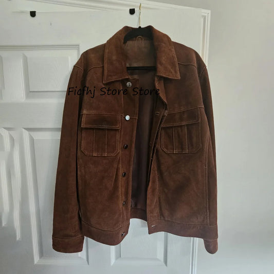 Fashion Suit Jackets Men's Suede Jacket Lapel Man Jackets High Quality Two Flap Pockets Double Placket Single-breasted Casual