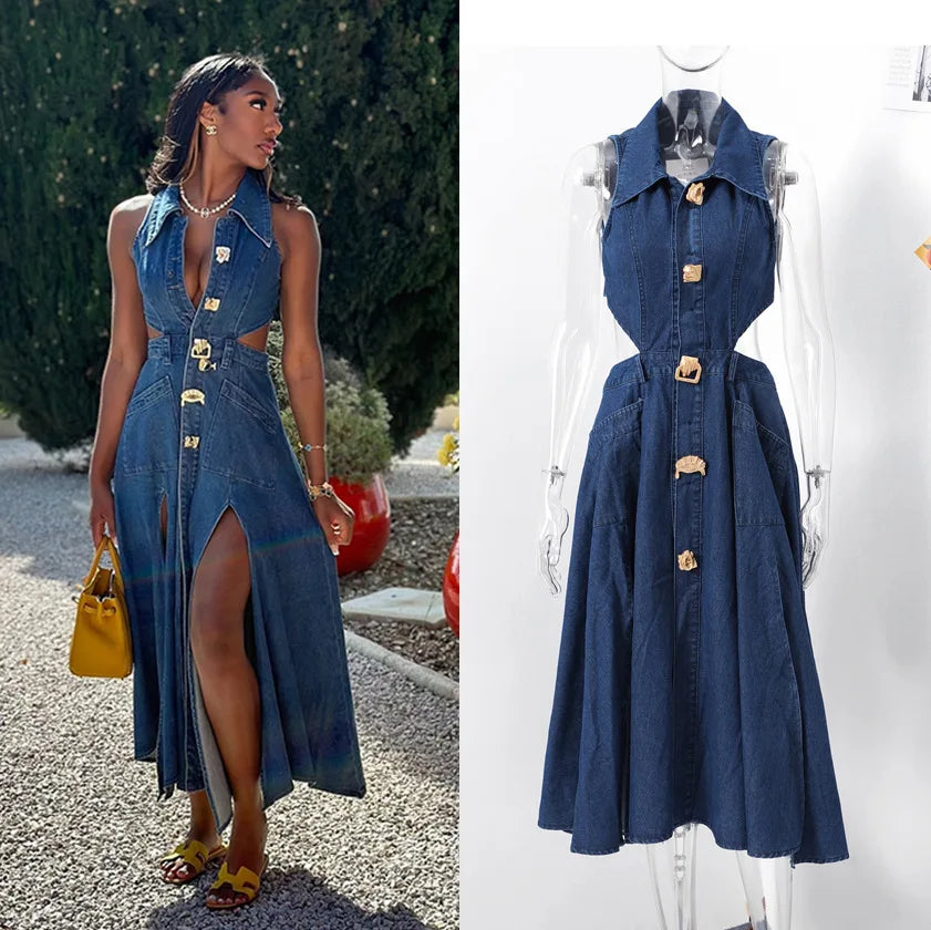 Denim Dress Women Long Dresses High Waist A Line Vestidos Turn Down Collar Sleeveless Elegant Y2k Streetwear Mom Jeans Slim 2025
