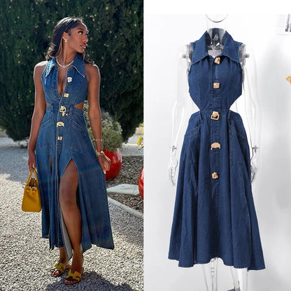 Denim Dress Women Long Dresses High Waist A Line Vestidos Turn Down Collar Sleeveless Elegant Y2k Streetwear Mom Jeans Slim 2025