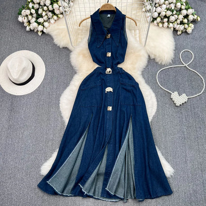 Denim Dress Women Long Dresses High Waist A Line Vestidos Turn Down Collar Sleeveless Elegant Y2k Streetwear Mom Jeans Slim 2025