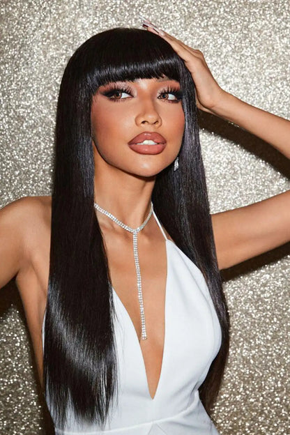 Brazilian Straight Human Hair Wigs With Bangs for Black Women Machine Made Straight Fringe Wigs 100% Human Hair