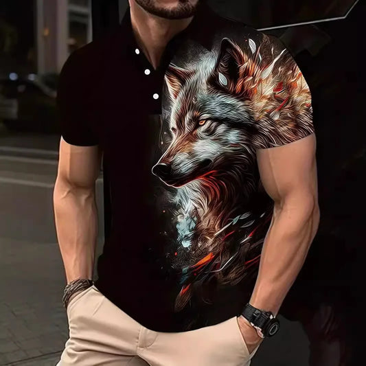 Street Style Wolf Pattern Men's Polos T-Shirts Summer Short Sleeve Animal 3D Print Hip Hop Tee 6XL Large Size Casual POLO Tops